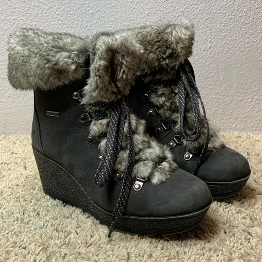 COUGAR Waterproof Penny Faux Fur-Trim Nubuck Winter Wedge Ankle Boots Pewter Sz7